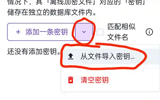 点击下拉菜单,选择【从文件导入密钥…】